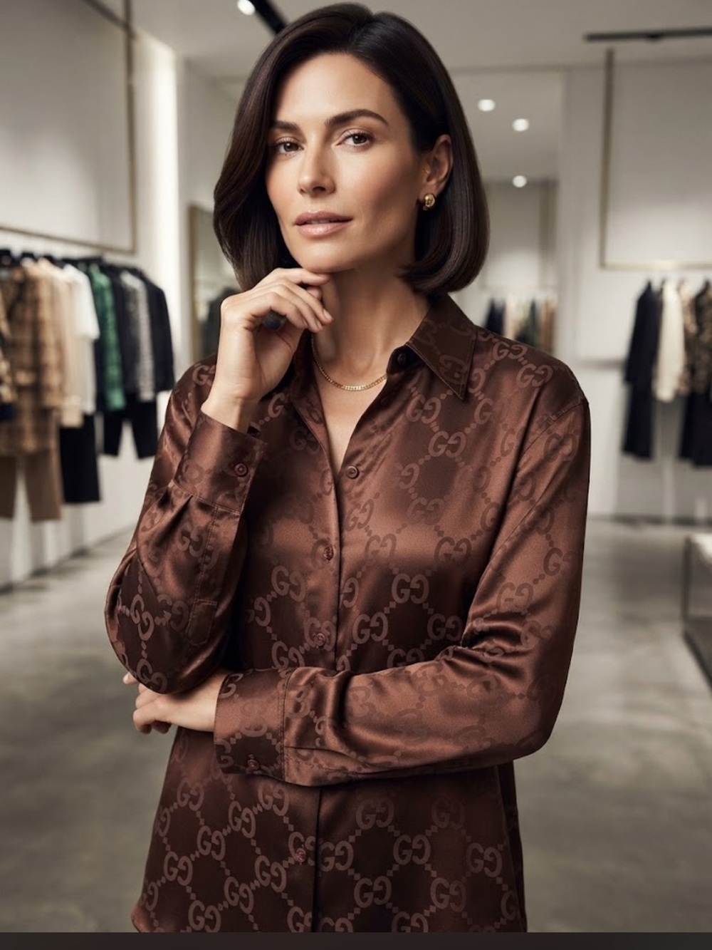 New Fashion Brown Satin Logo-Print Button-Down Shirt